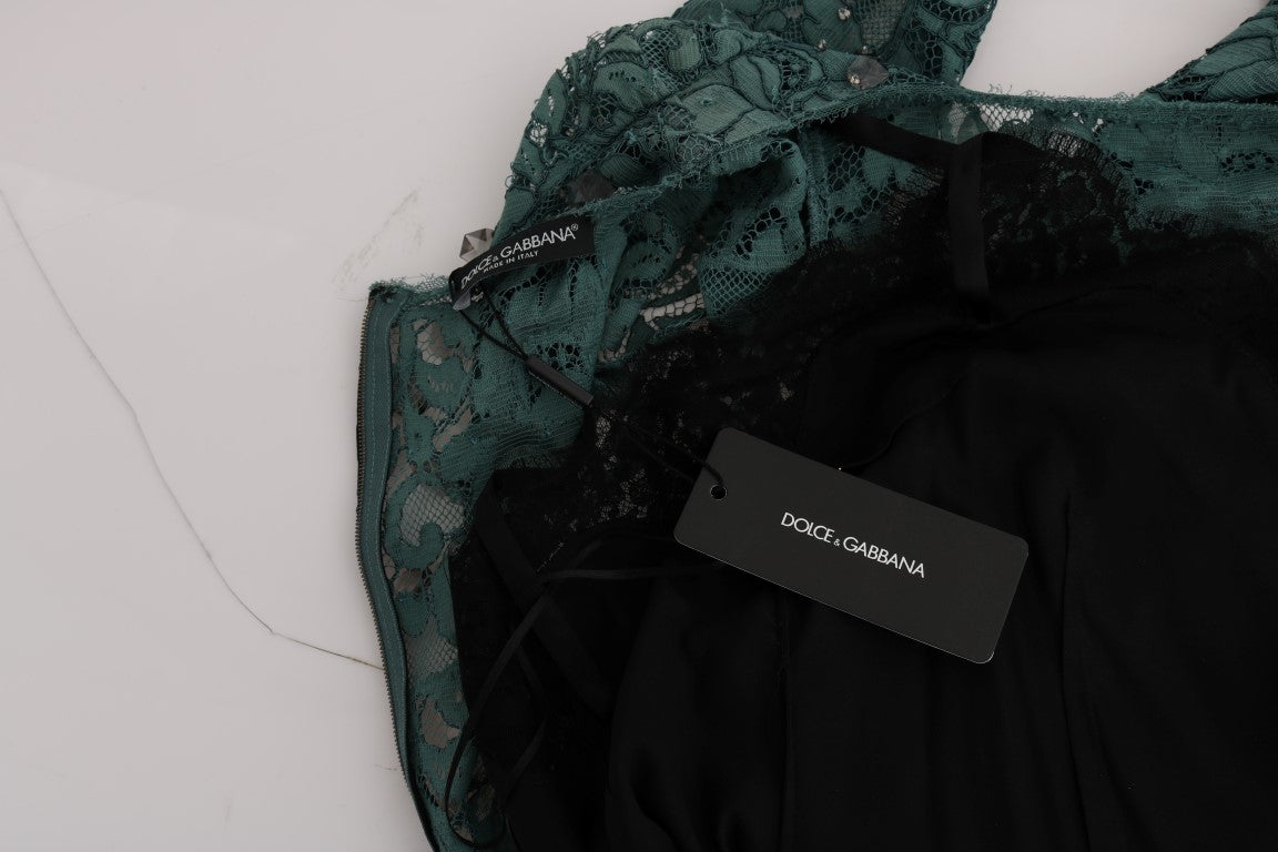 Dolce & Gabbana – Grünes Ricamo-Etuikleid mit Blumenmuster und Kristallen