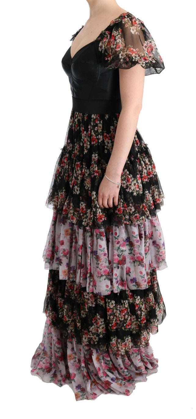 Dolce & Gabbana – Langes Etuikleid aus mehrfarbiger Stretchseide mit Blumenmuster