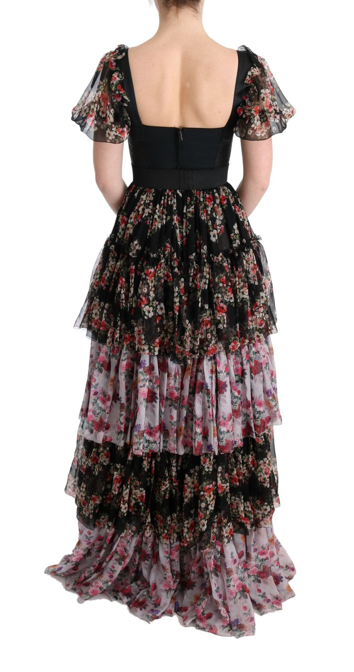 Dolce & Gabbana – Langes Etuikleid aus mehrfarbiger Stretchseide mit Blumenmuster