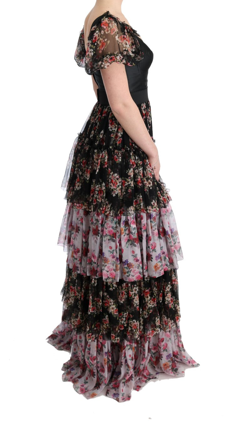 Dolce & Gabbana – Langes Etuikleid aus mehrfarbiger Stretchseide mit Blumenmuster
