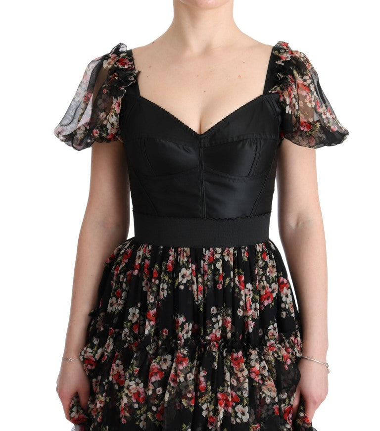 Dolce & Gabbana – Langes Etuikleid aus mehrfarbiger Stretchseide mit Blumenmuster