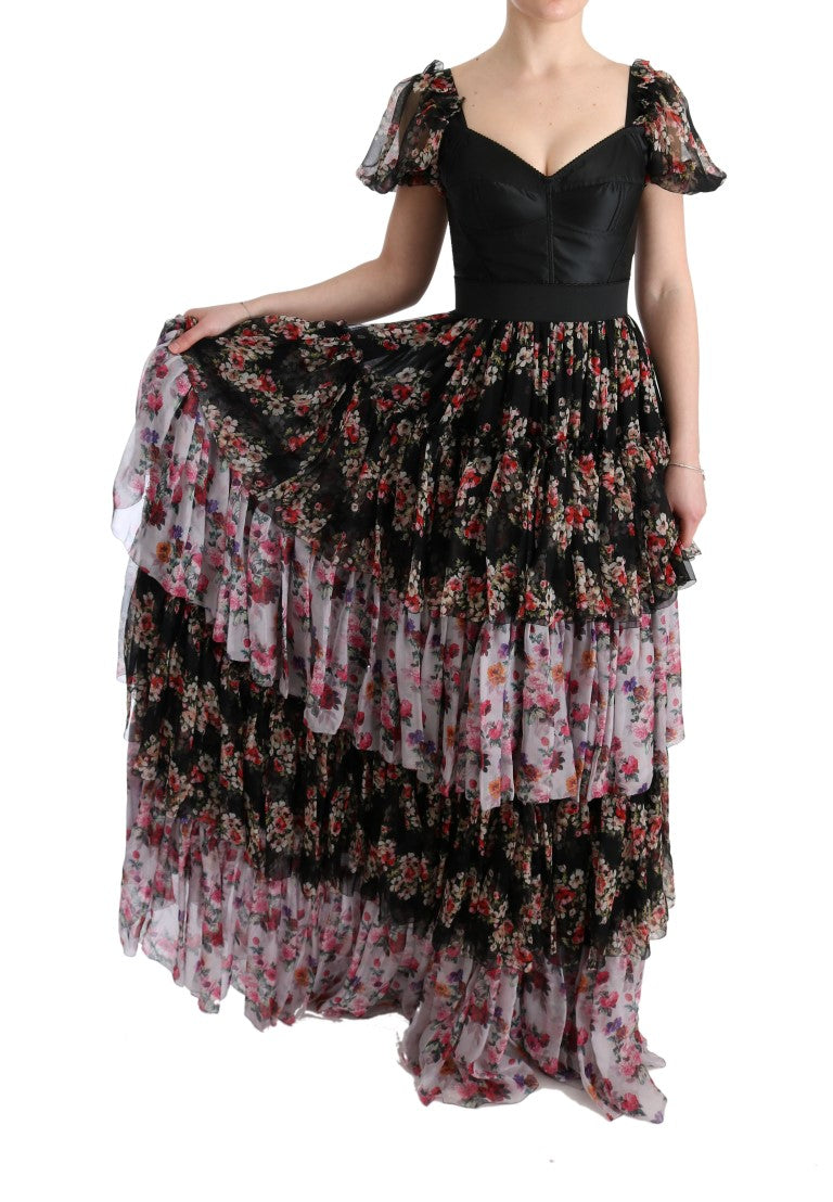 Dolce & Gabbana – Langes Etuikleid aus mehrfarbiger Stretchseide mit Blumenmuster