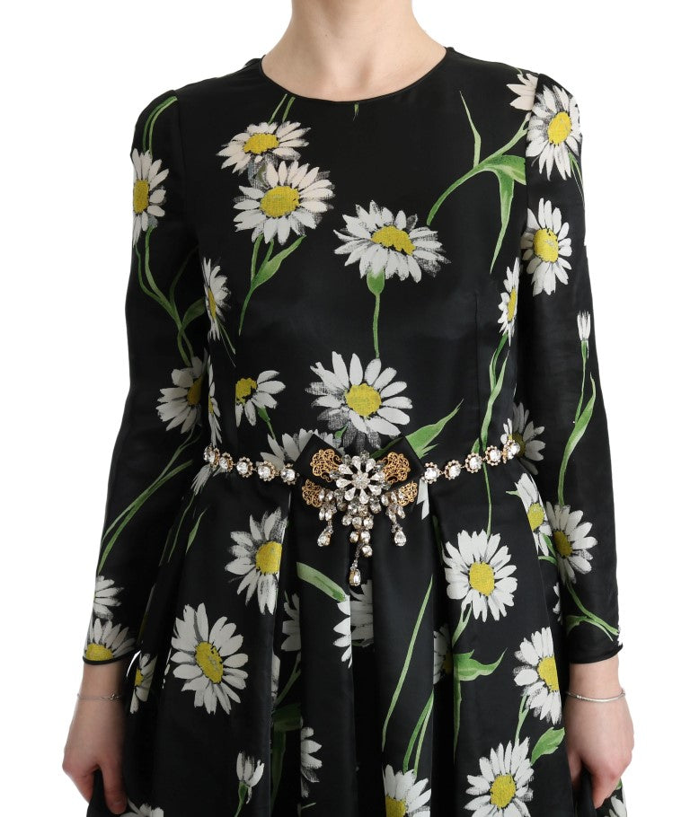 Dolce & Gabbana – Langes Maxikleid aus mehrfarbiger Seide mit Sonnenblumenprint