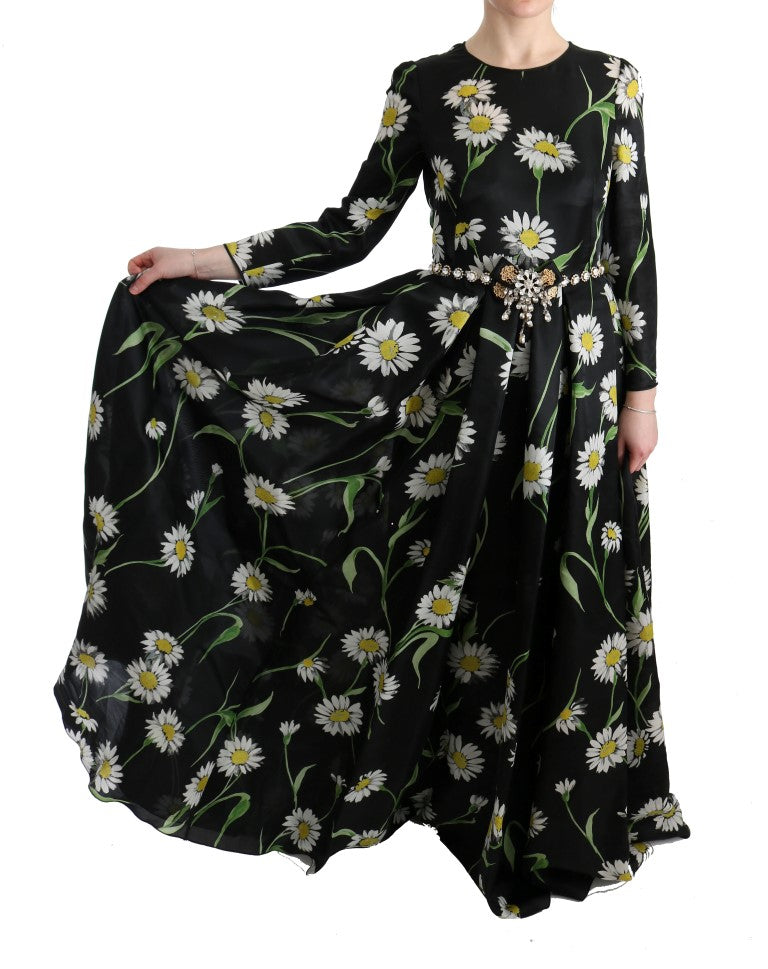 Dolce & Gabbana – Langes Maxikleid aus mehrfarbiger Seide mit Sonnenblumenprint