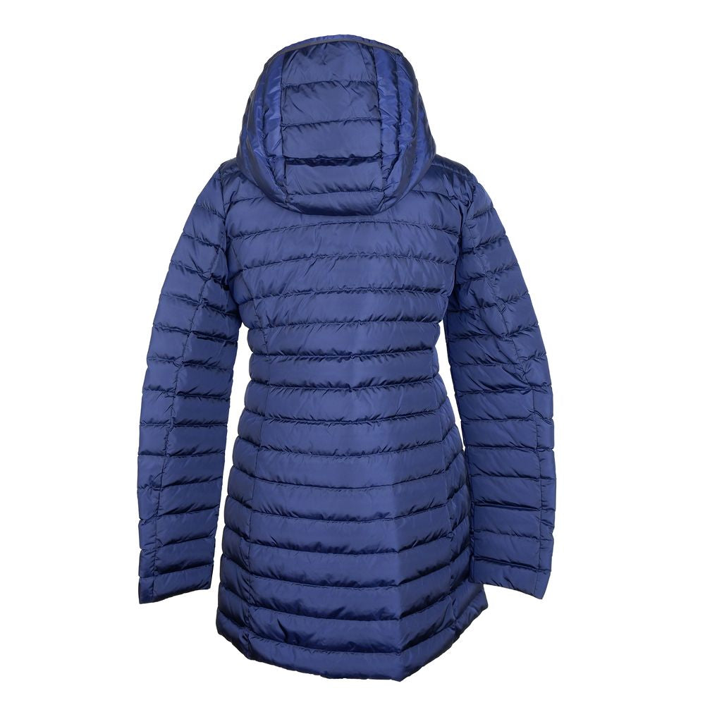 Elegante blaue Daunen-Pufferjacke mit Kapuze hinzufügen