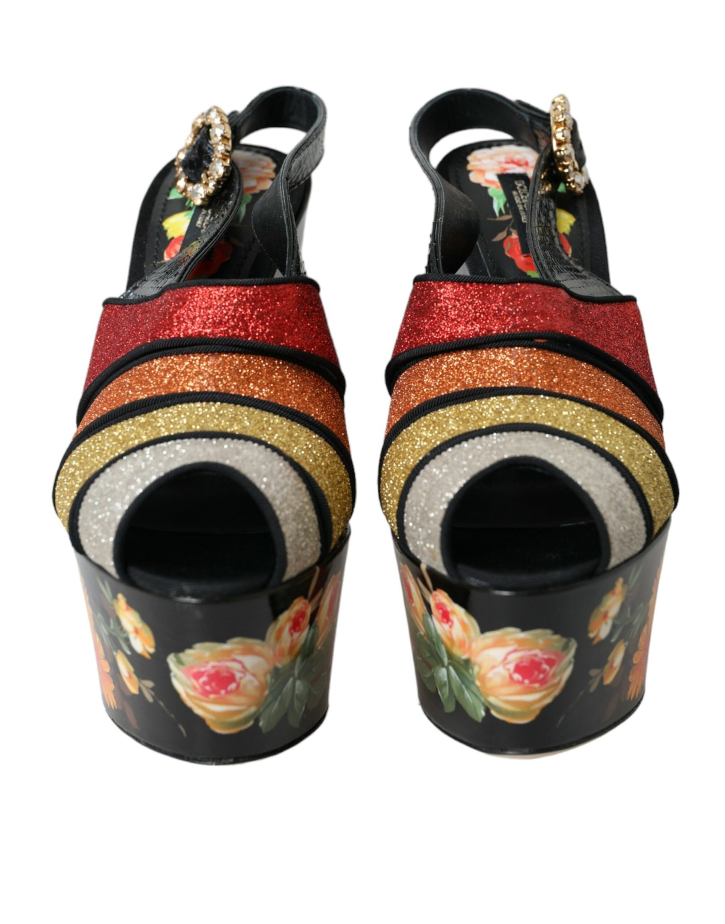 Dolce & Gabbana Mehrfarbige Plateau-Sandalen mit Blumenmuster und Kristallen