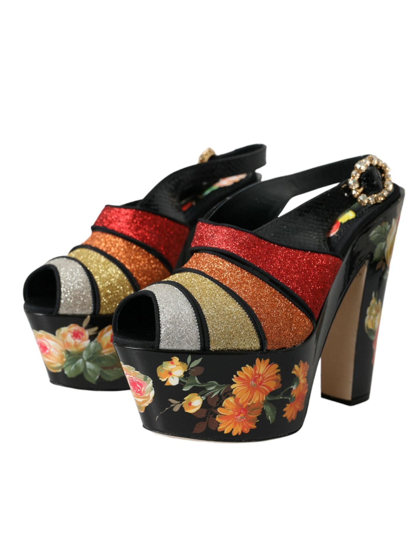 Dolce & Gabbana Mehrfarbige Plateau-Sandalen mit Blumenmuster und Kristallen