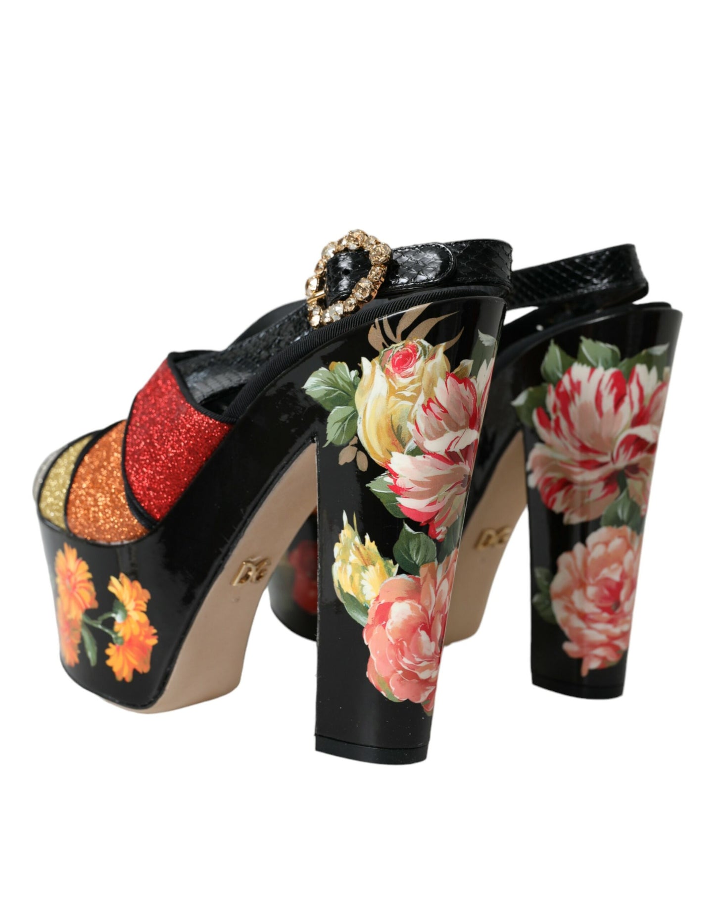 Dolce & Gabbana Mehrfarbige Plateau-Sandalen mit Blumenmuster und Kristallen