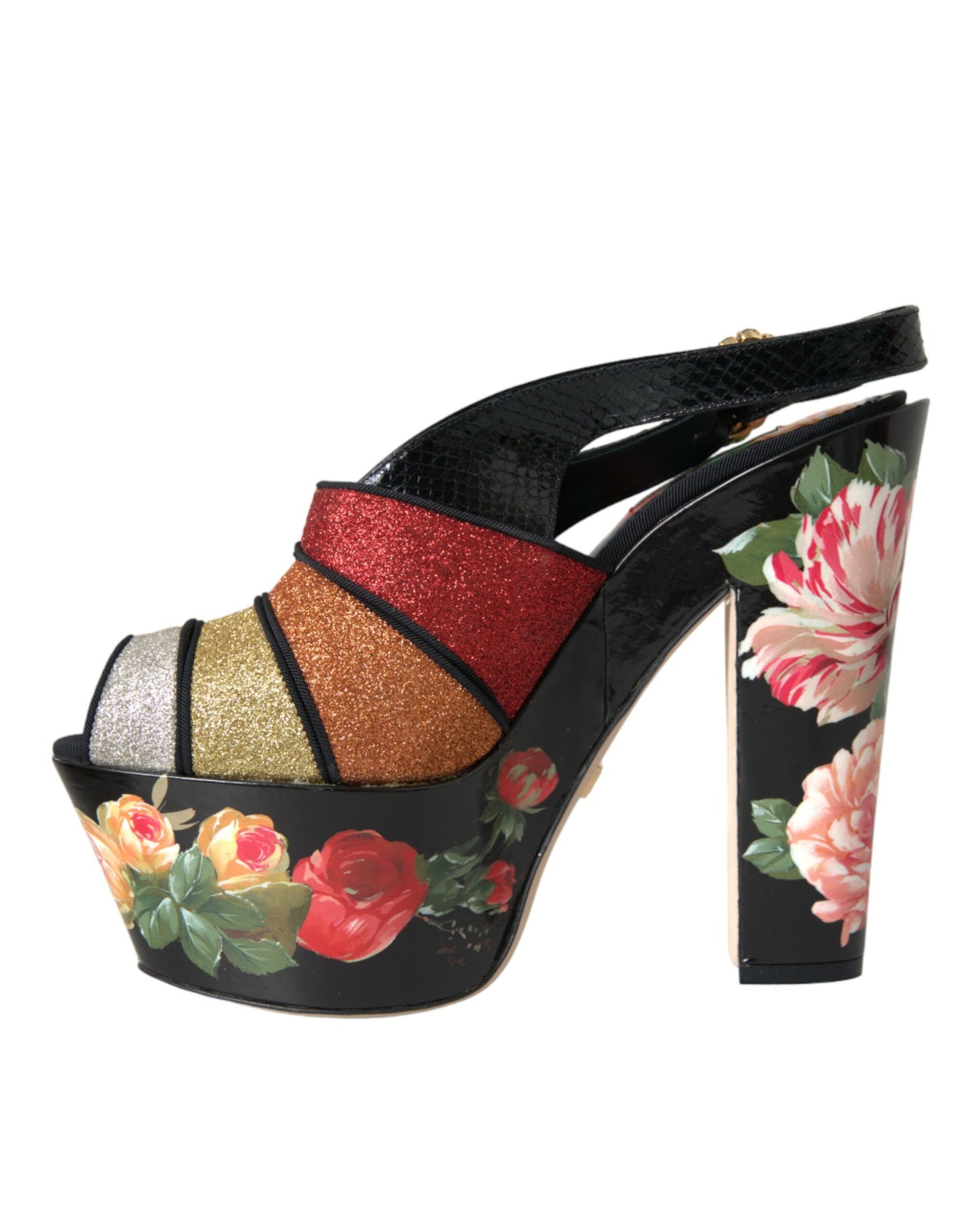 Dolce & Gabbana Mehrfarbige Plateau-Sandalen mit Blumenmuster und Kristallen