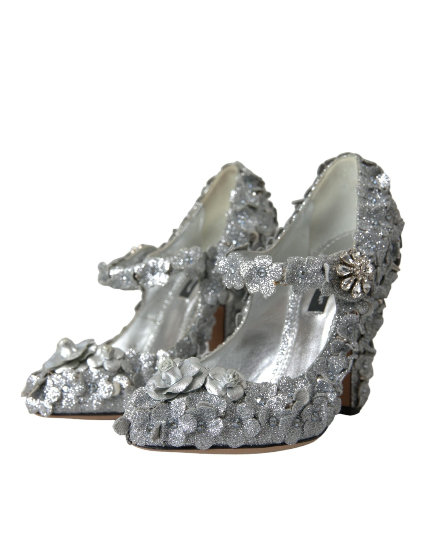 Dolce & Gabbana – Mary-Jane-Pumps mit Blumenmuster und Kristallen in Silber