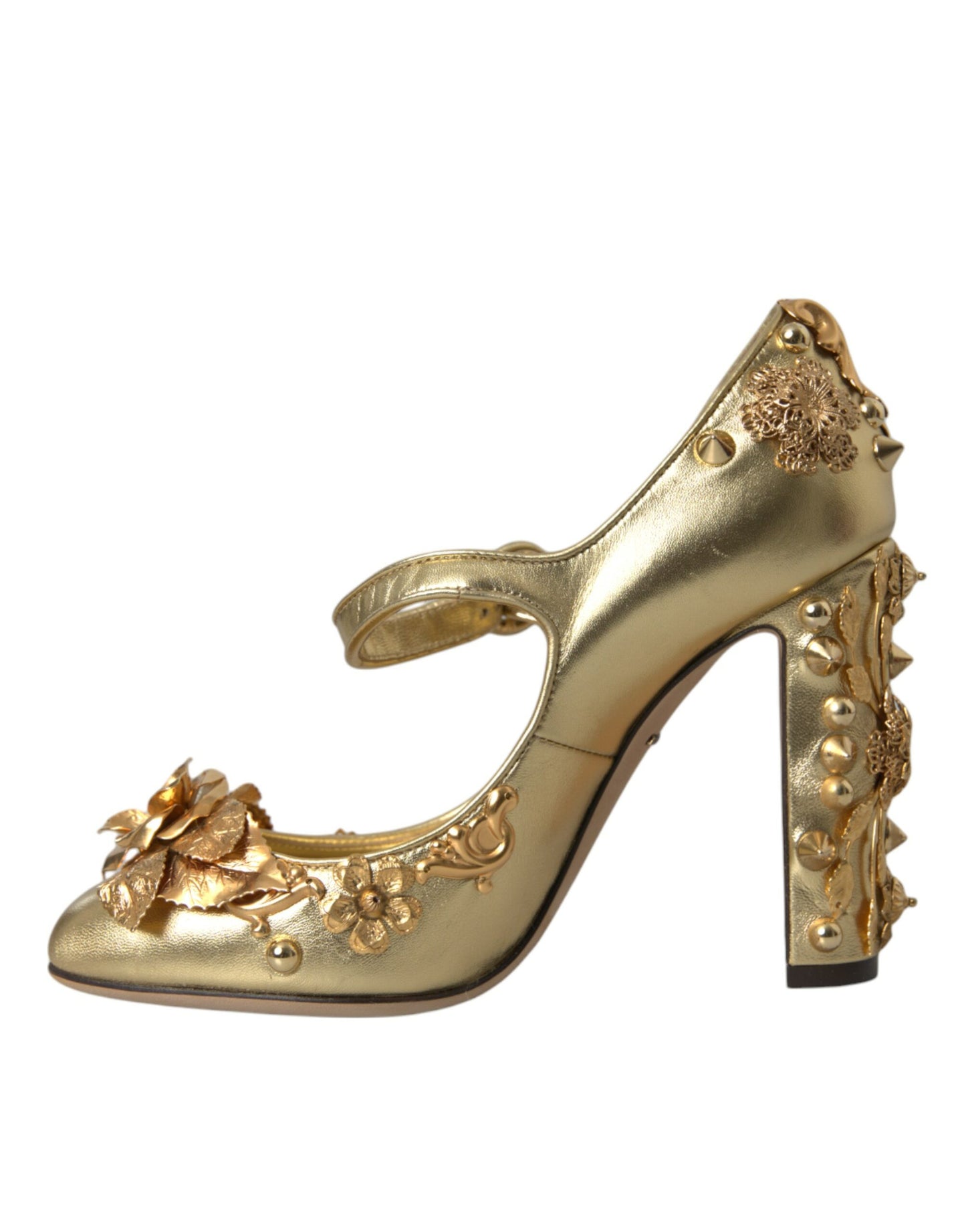 Dolce & Gabbana – Mary Janes-Pumps aus goldenem Leder mit Kristallen