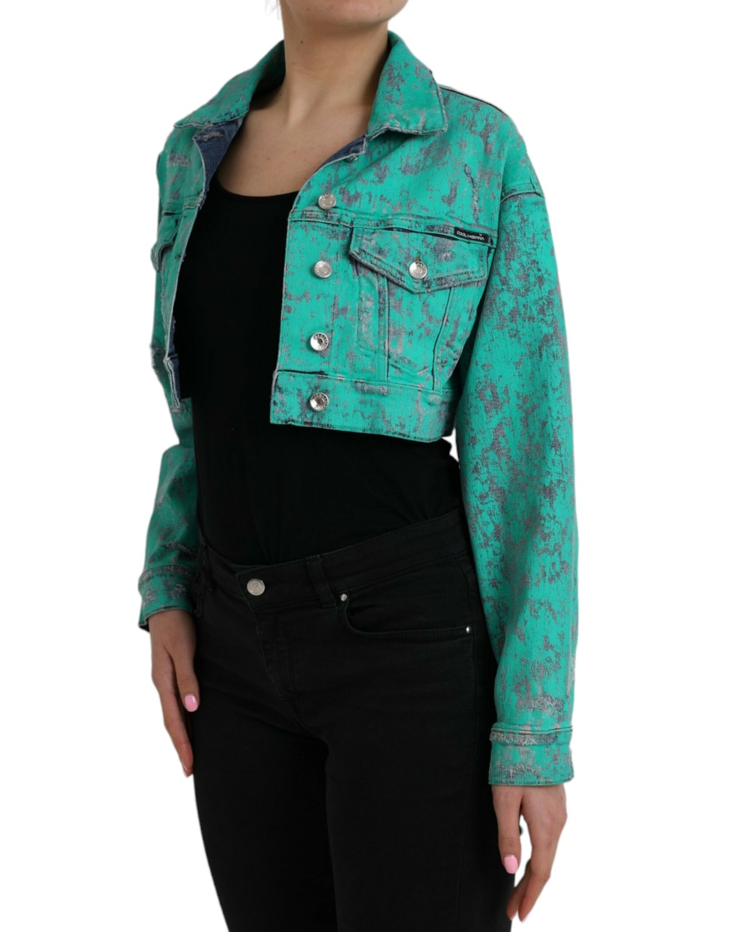 Dolce & Gabbana – Kurze Jeansjacke aus grüner Baumwolle mit Batikmuster