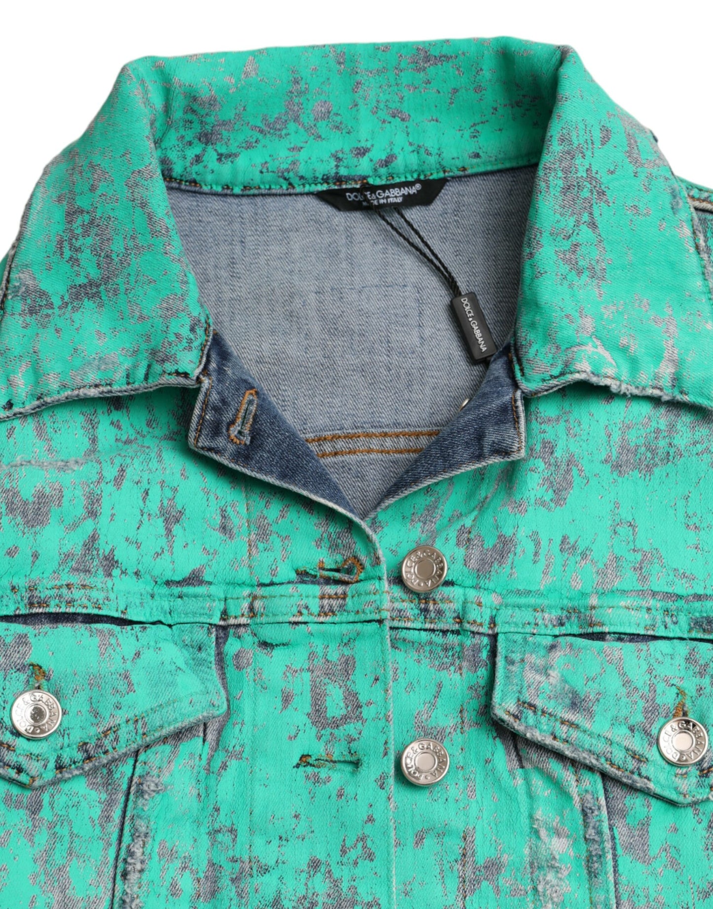 Dolce & Gabbana – Kurze Jeansjacke aus grüner Baumwolle mit Batikmuster