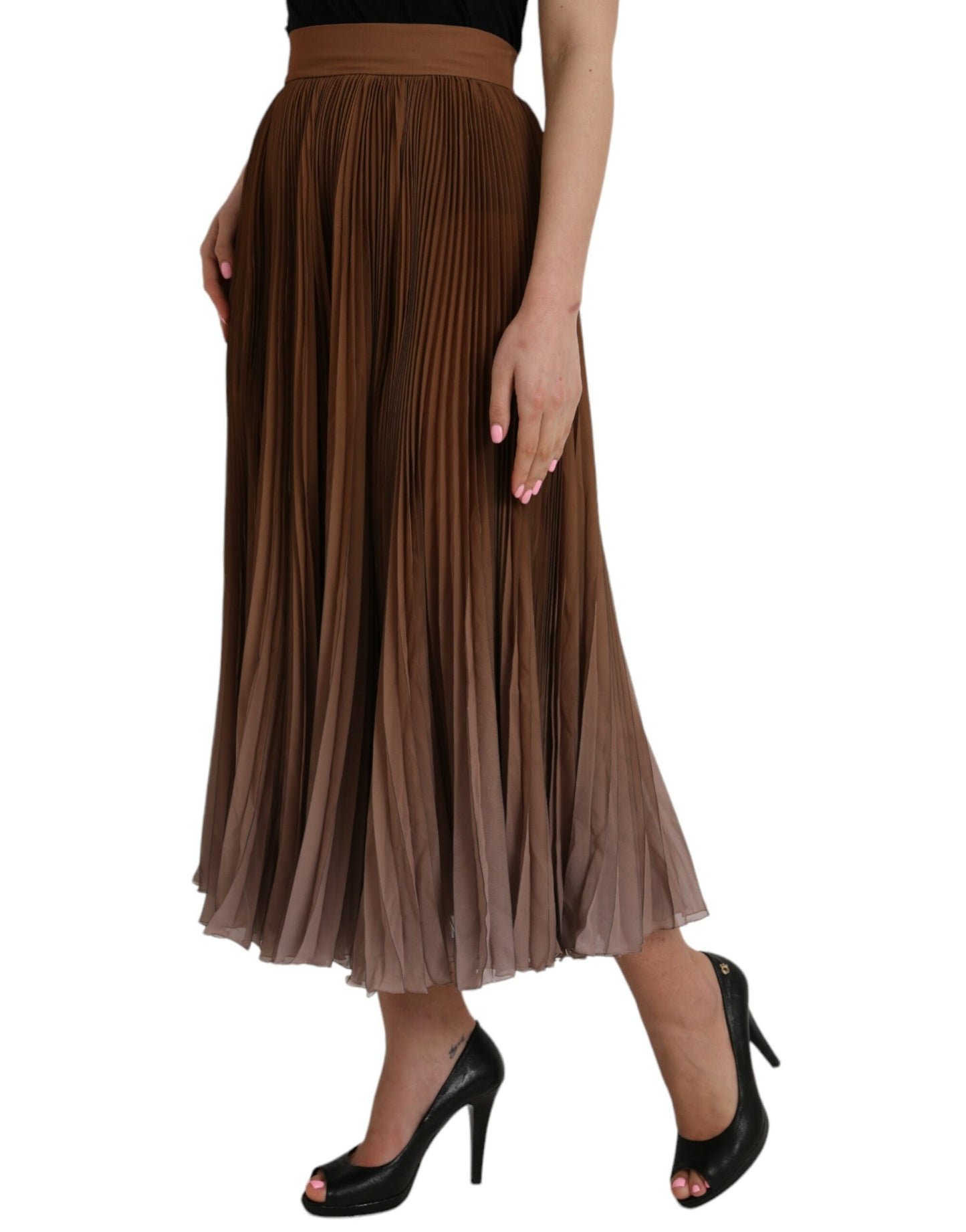 Dolce & Gabbana – Brauner, plissierter Midirock aus Polyester mit hoher Taille