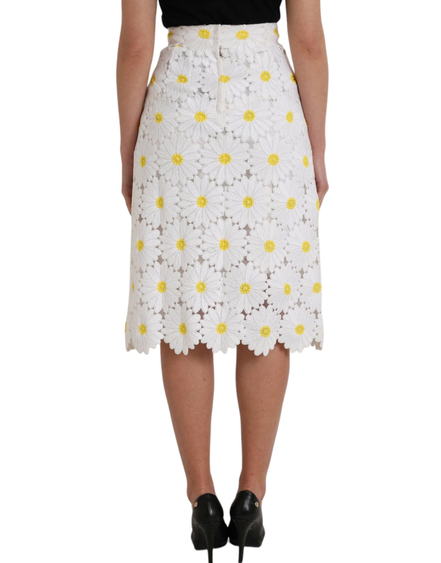 Dolce & Gabbana Weißer, gerader Bleistiftrock aus Spitze mit Blumenmuster
