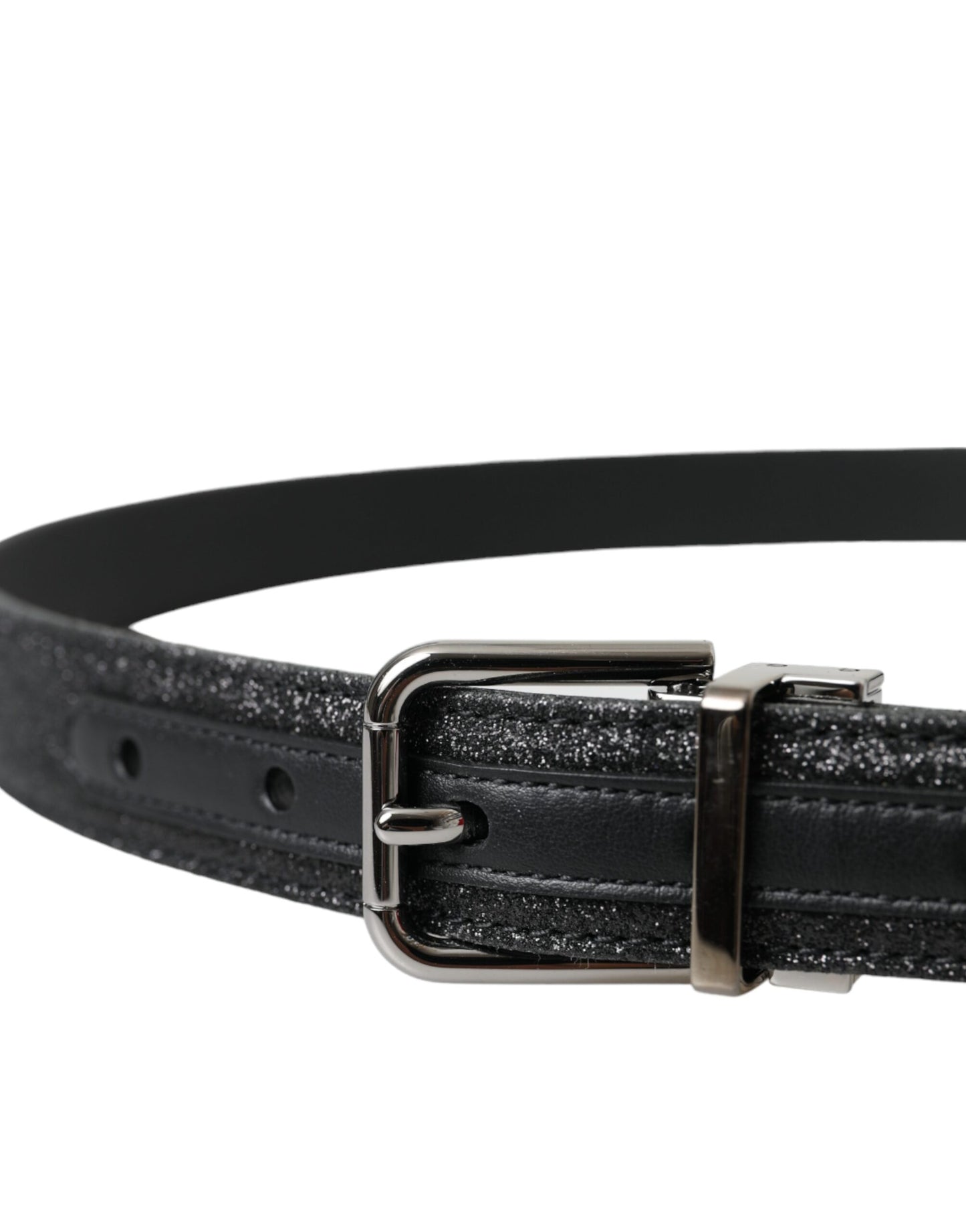 Dolce & Gabbana – Schwarzer Glitzer-Ledergürtel mit silberner Schnalle