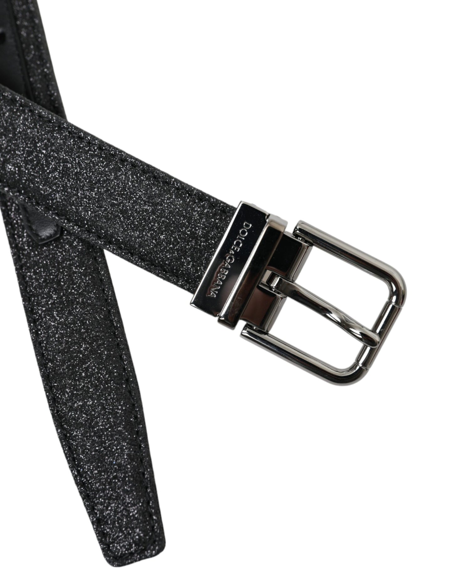 Dolce & Gabbana – Schwarzer Glitzer-Ledergürtel mit silberner Schnalle