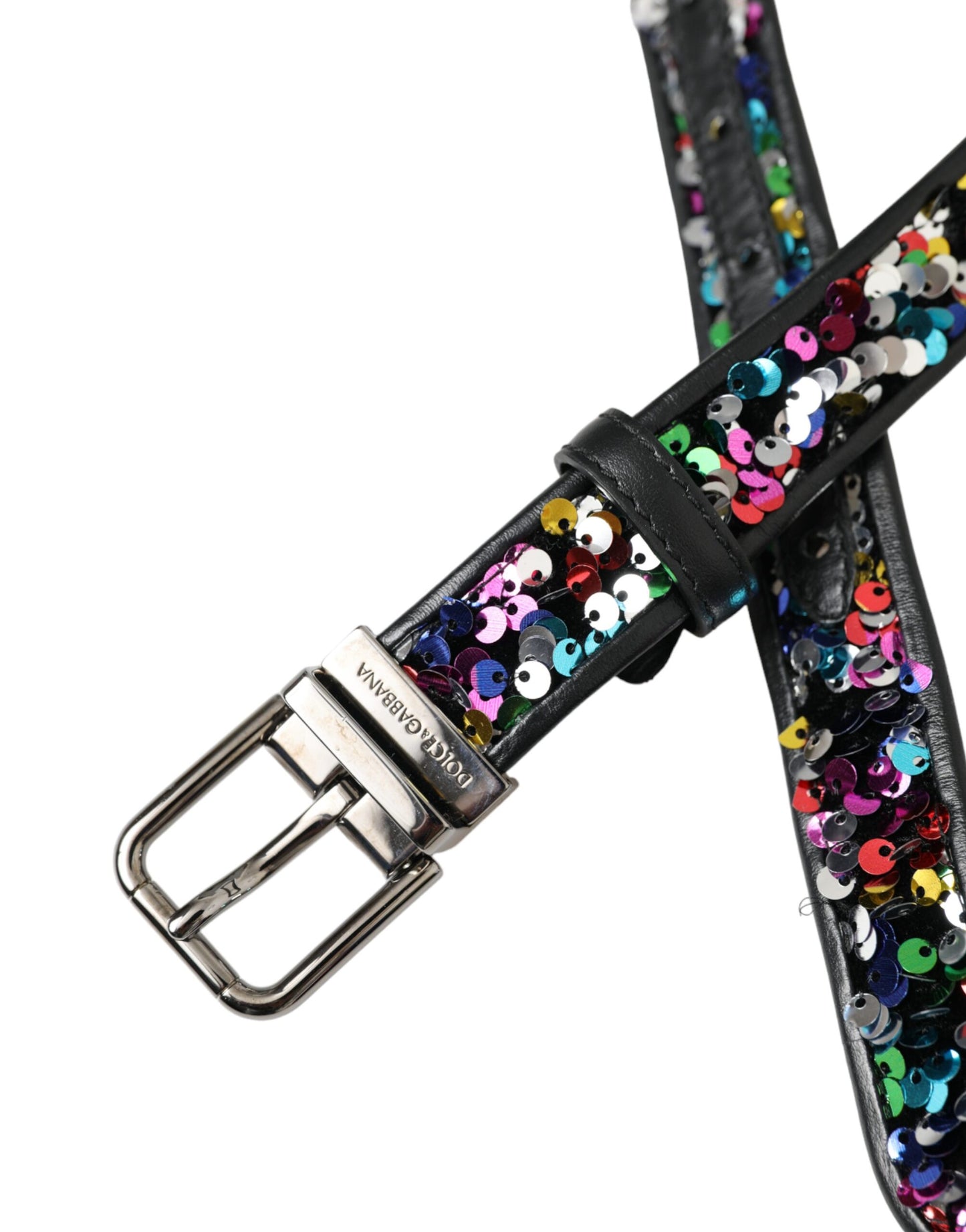 Dolce & Gabbana Damengürtel mit schwarzer Paillettenschnalle aus silbernem Metall