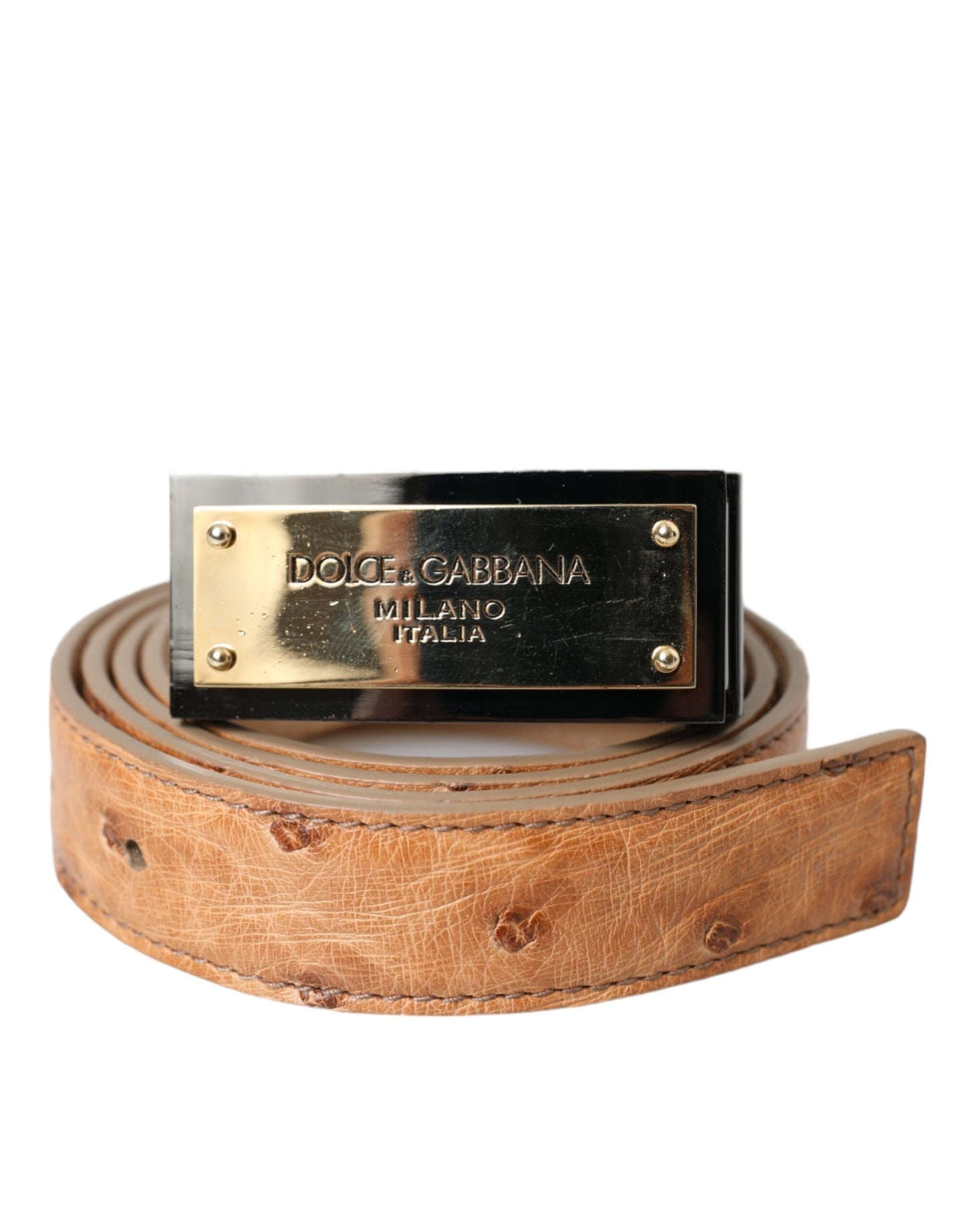Dolce & Gabbana – Beigefarbener Ledergürtel mit goldfarbener Logo-Gravur