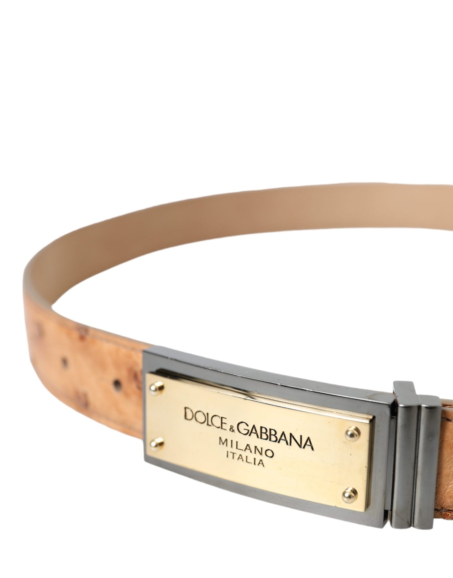 Dolce & Gabbana – Beigefarbener Ledergürtel mit goldfarbener Logo-Gravur