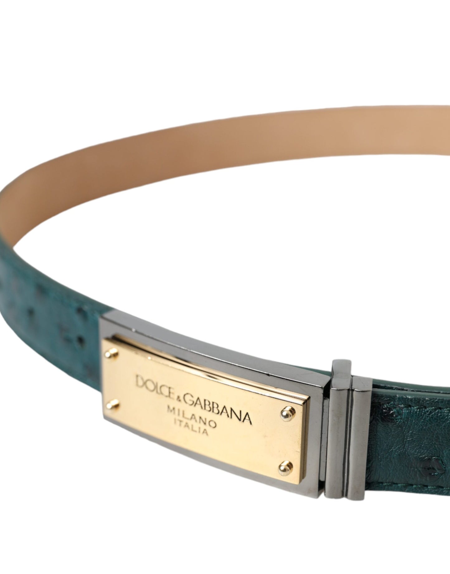 Dolce & Gabbana – Grüner Ledergürtel mit goldener Logo-Gravur und Schnalle