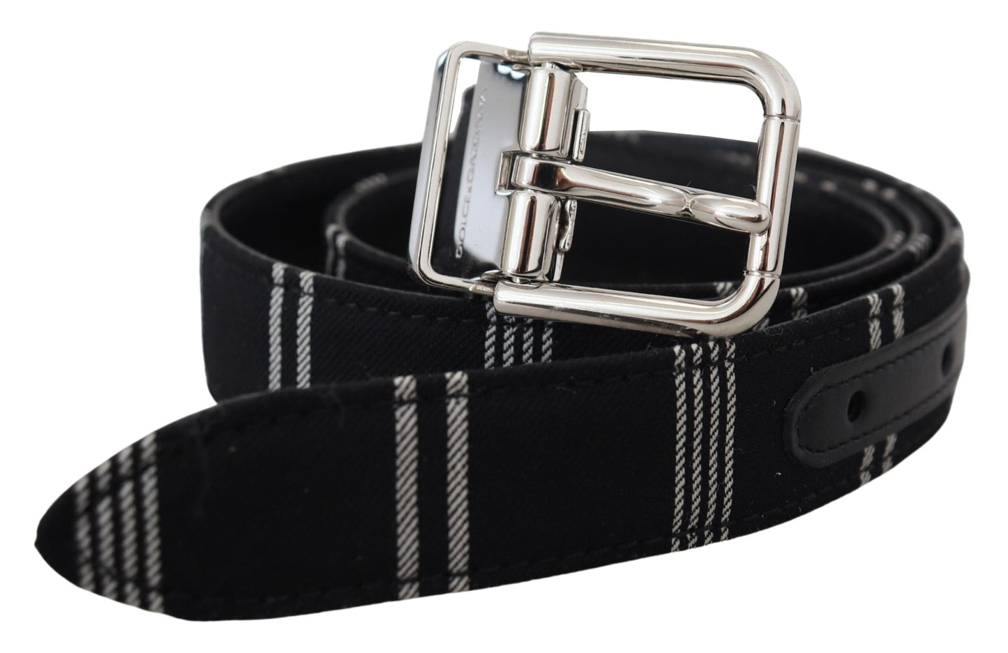 Dolce & Gabbana Gürtel aus Baumwolle, schwarz/weiß, mit silberner Metallschnalle