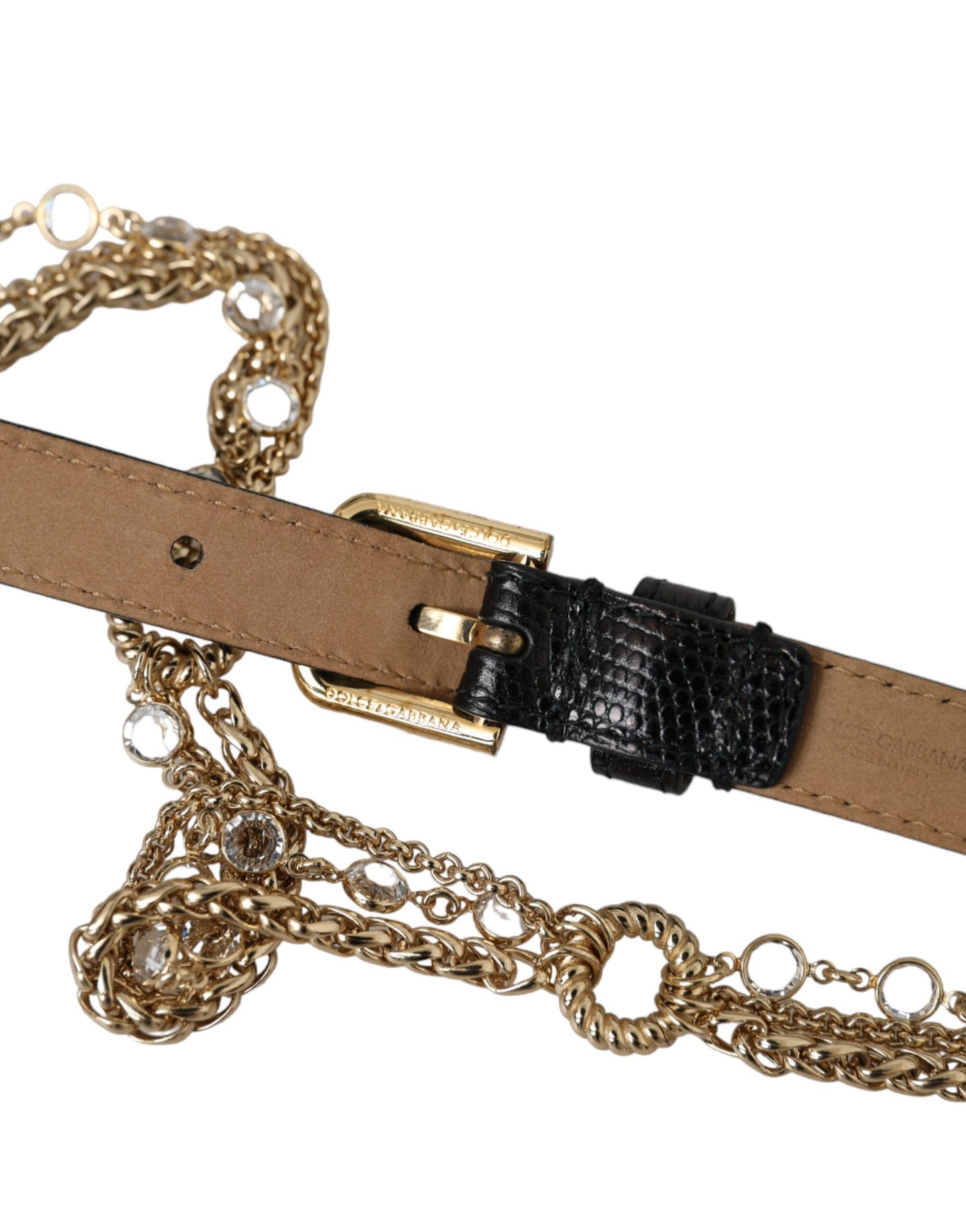 Dolce & Gabbana Schwarzer Ledergürtel mit Goldkette und Kristallen