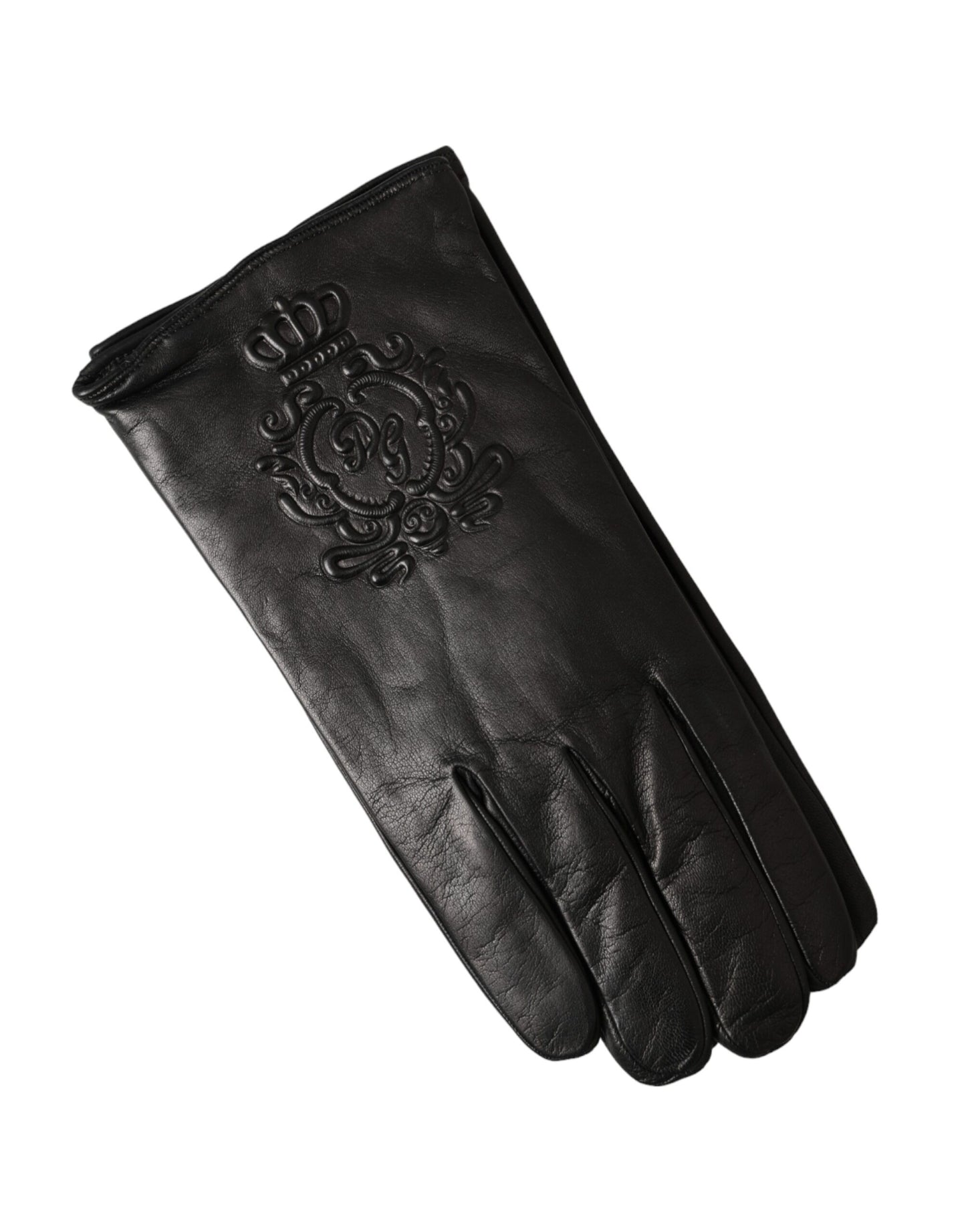 Dolce & Gabbana – Kurze Handschuhe aus schwarzem Leder mit geprägtem Logo