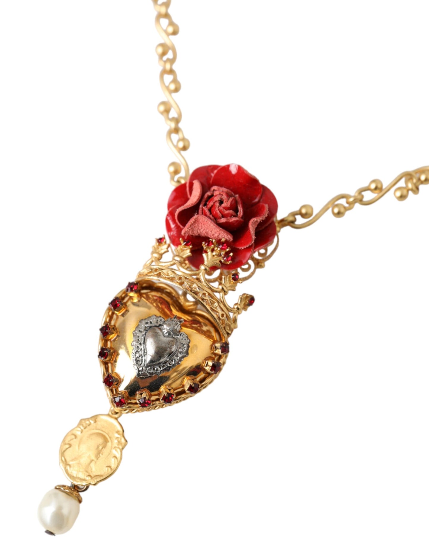 Dolce & Gabbana – Halskette mit Rosen- und Kristallanhänger „Sacred Heart“ aus goldener Messingkette