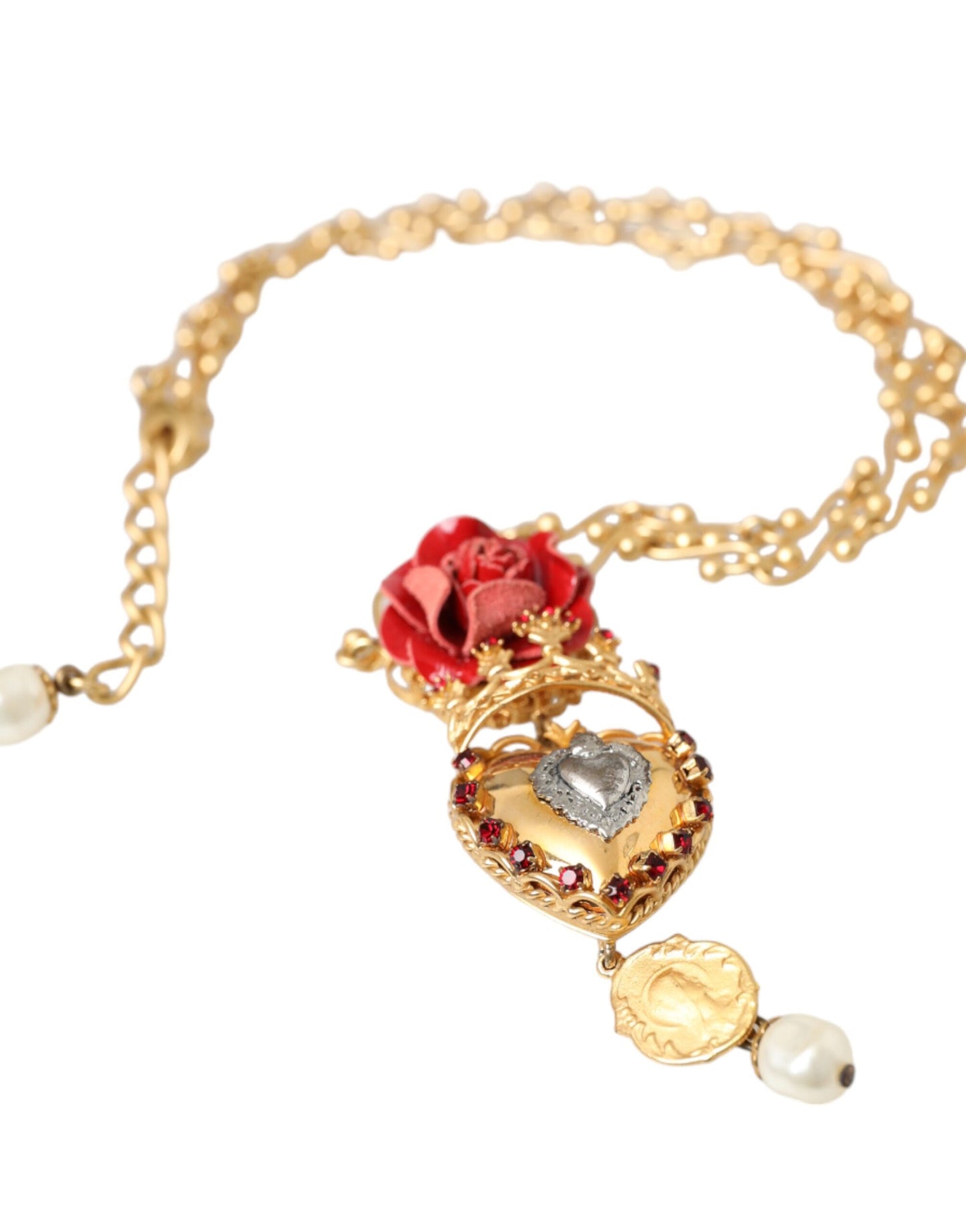 Dolce & Gabbana – Halskette mit Rosen- und Kristallanhänger „Sacred Heart“ aus goldener Messingkette