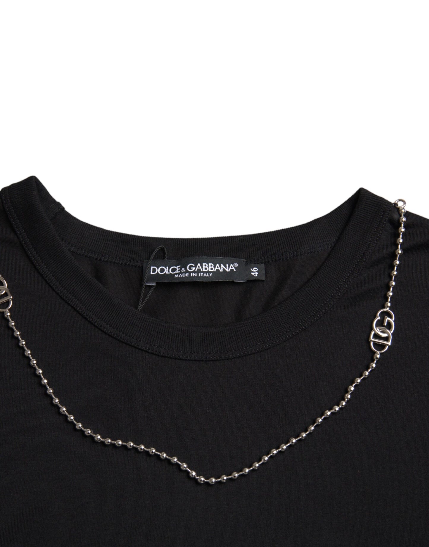Dolce & Gabbana – Schwarzes, kurzärmliges T-Shirt aus Baumwolle mit silberner Kette