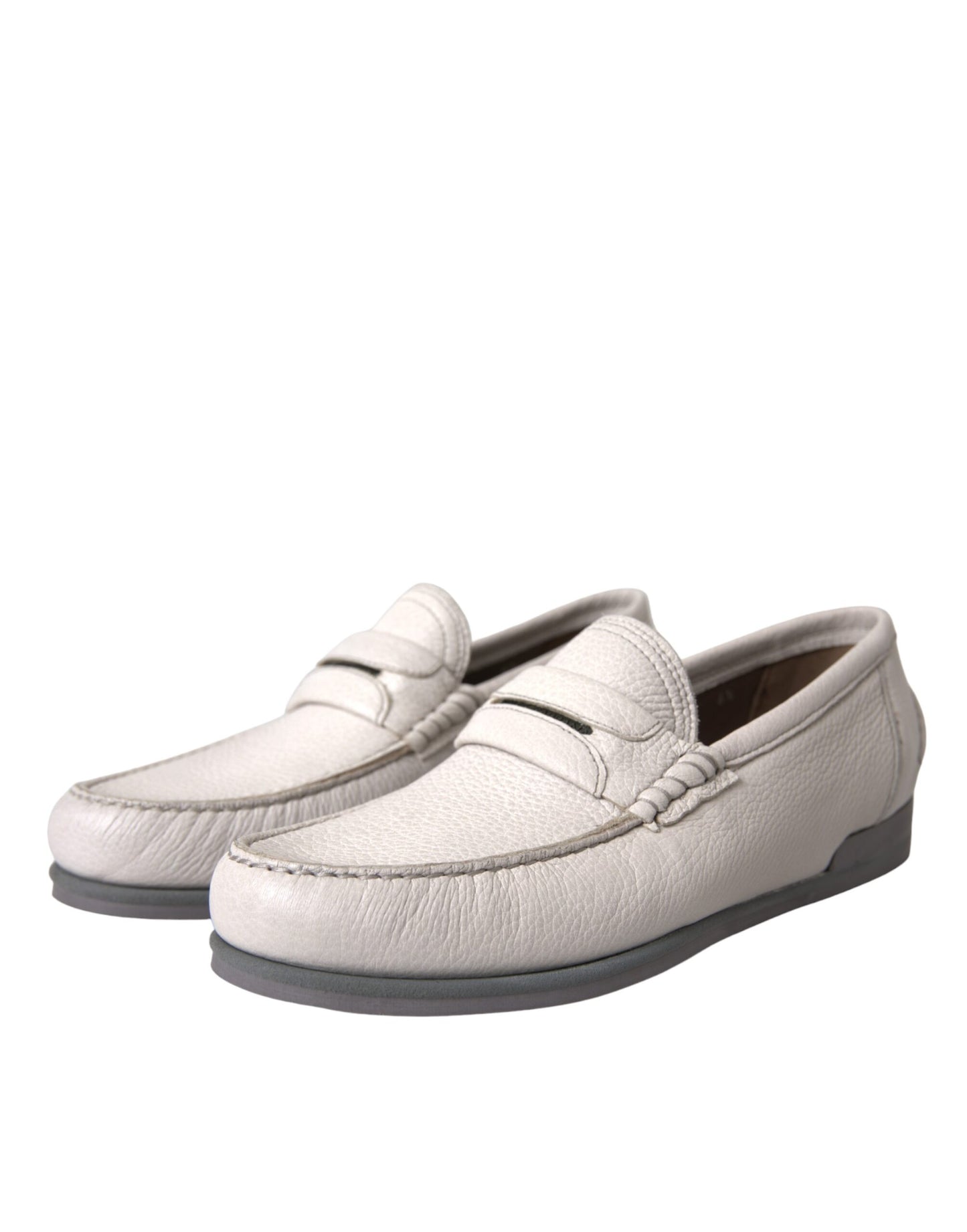 Dolce & Gabbana White Gray Leather Slip Moccasin Shoes Loafer