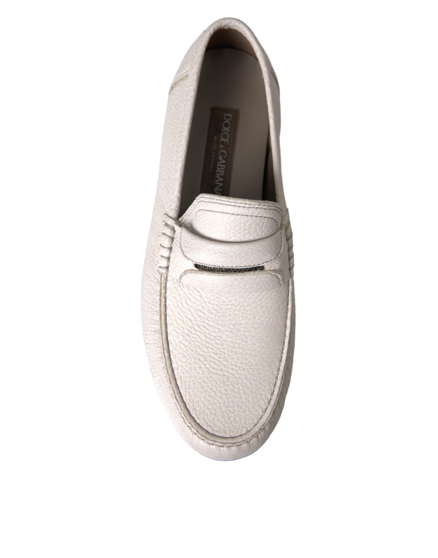 Dolce & Gabbana White Gray Leather Slip Moccasin Shoes Loafer