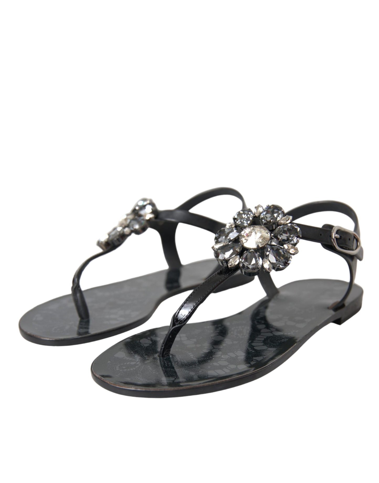 Dolce & Gabbana Schwarze Kristall-Flats-Sandalen-Flip-Flops-Schuhe