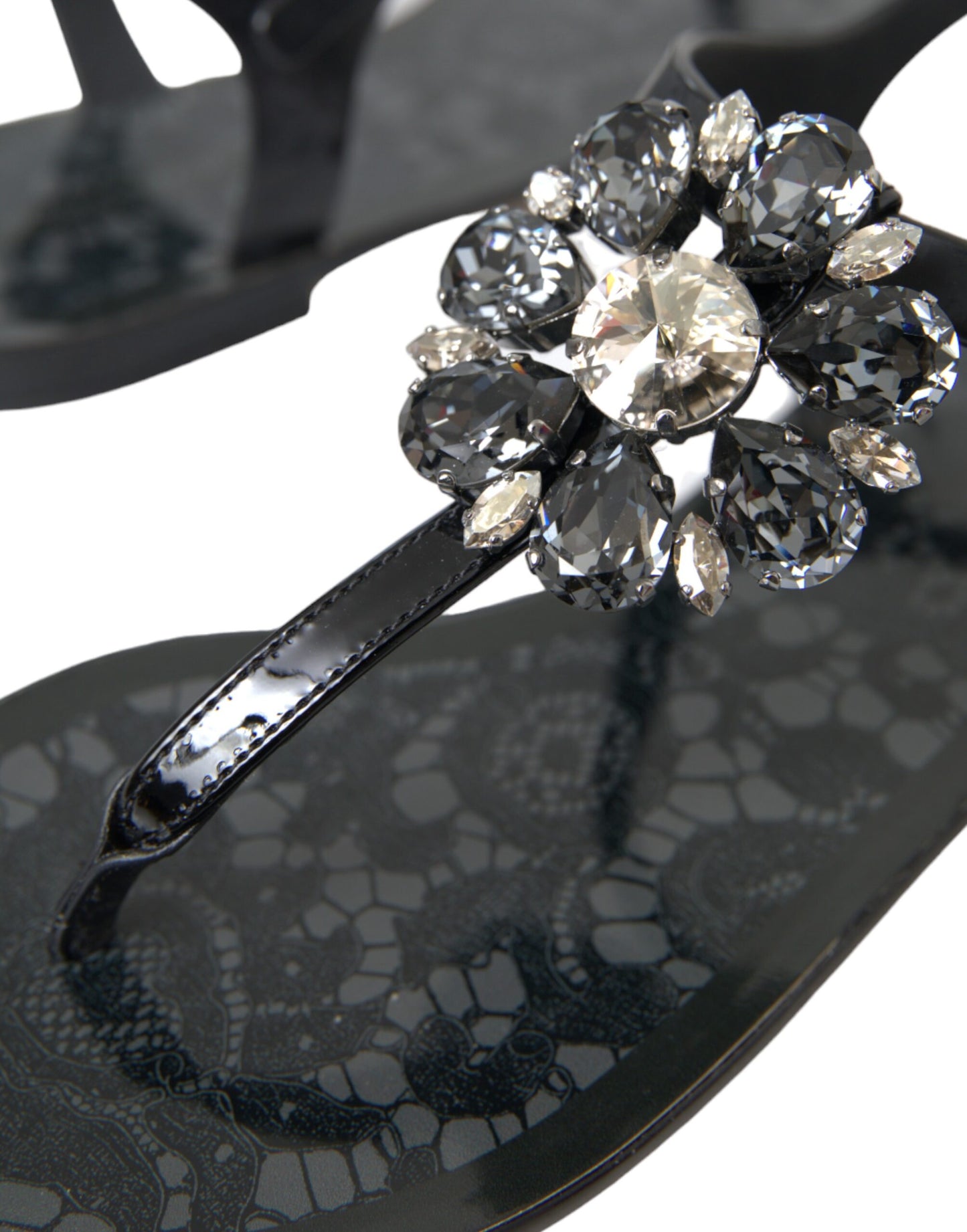 Dolce & Gabbana Schwarze Kristall-Flats-Sandalen-Flip-Flops-Schuhe