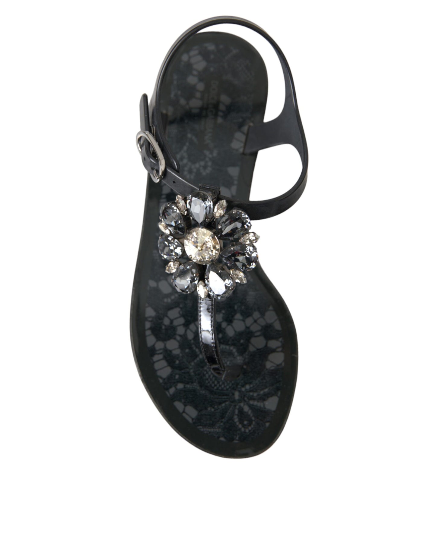 Dolce & Gabbana Schwarze Kristall-Flats-Sandalen-Flip-Flops-Schuhe