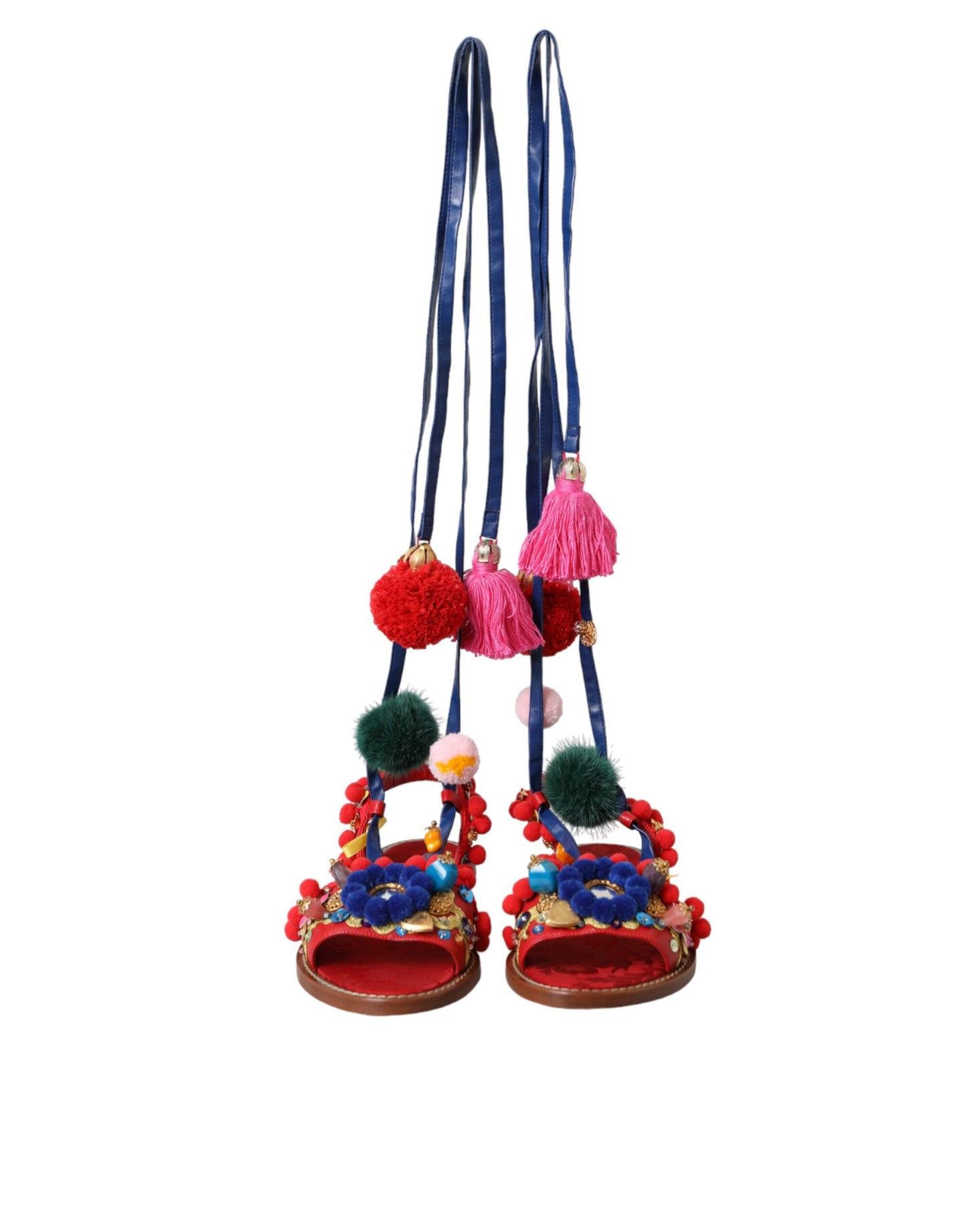 Dolce & Gabbana – Sandalen mit Fellwickel in Mehrfarbig mit Pom-Pom-Muster