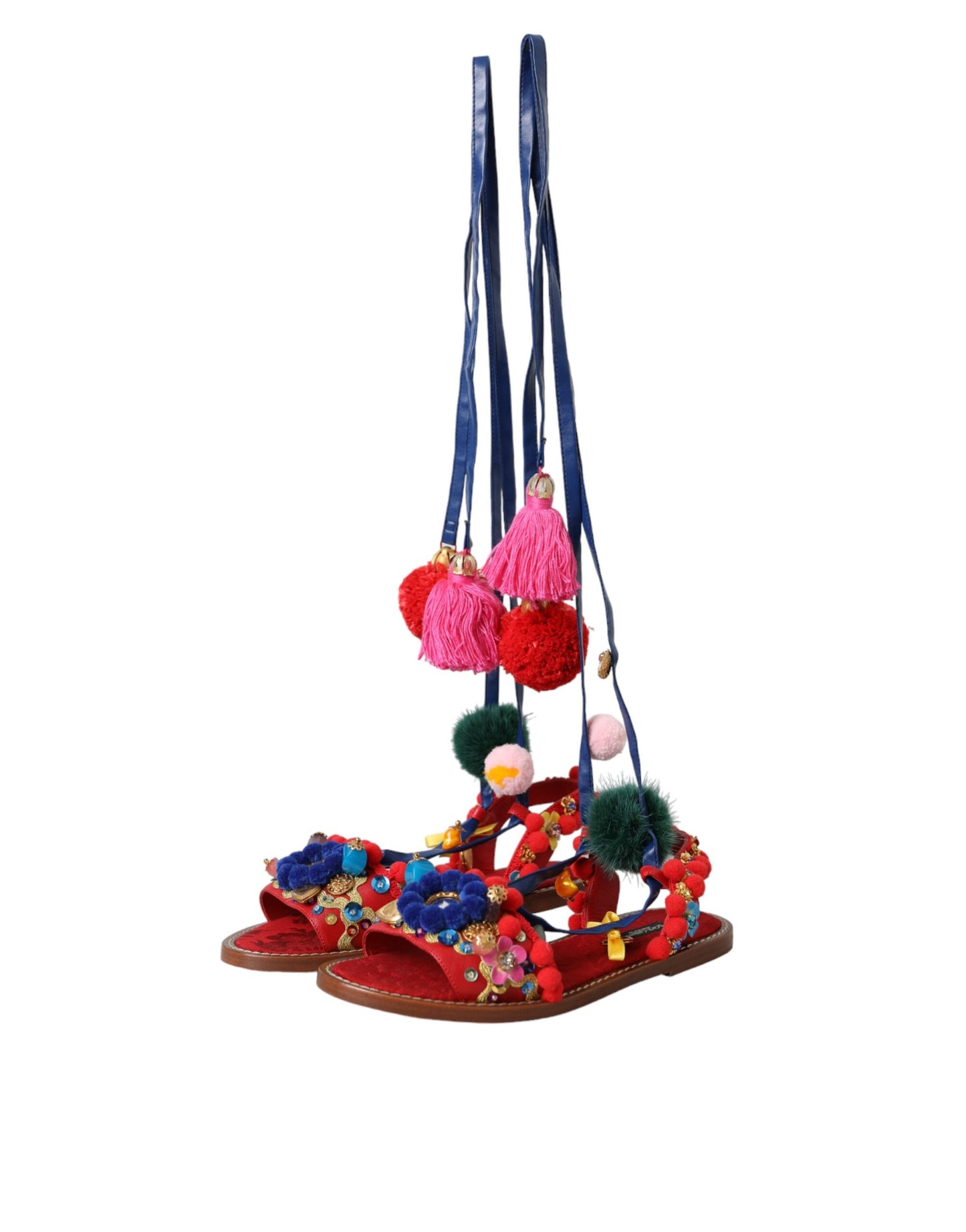 Dolce & Gabbana – Sandalen mit Fellwickel in Mehrfarbig mit Pom-Pom-Muster