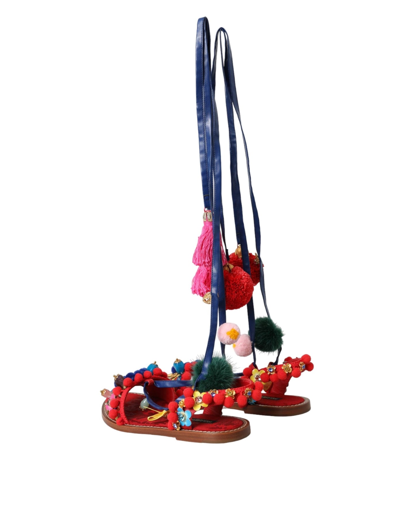 Dolce & Gabbana – Sandalen mit Fellwickel in Mehrfarbig mit Pom-Pom-Muster