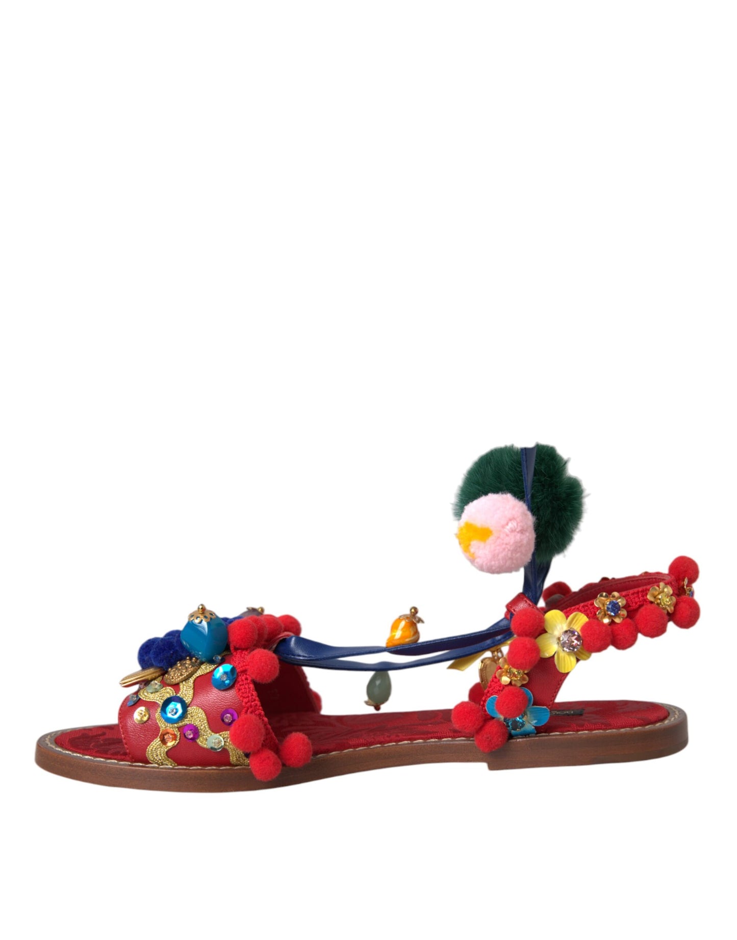 Dolce & Gabbana – Sandalen mit Fellwickel in Mehrfarbig mit Pom-Pom-Muster