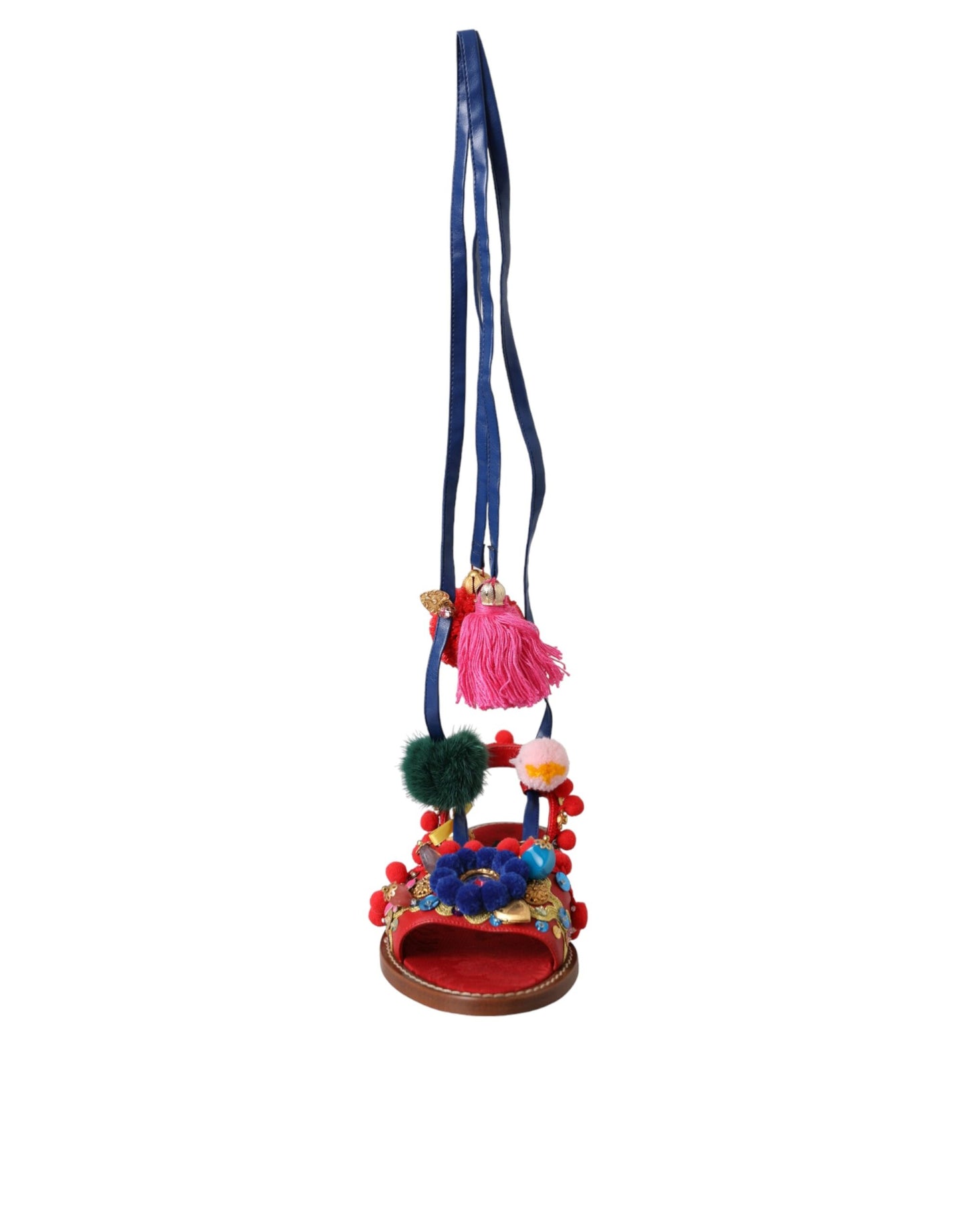 Dolce & Gabbana – Sandalen mit Fellwickel in Mehrfarbig mit Pom-Pom-Muster