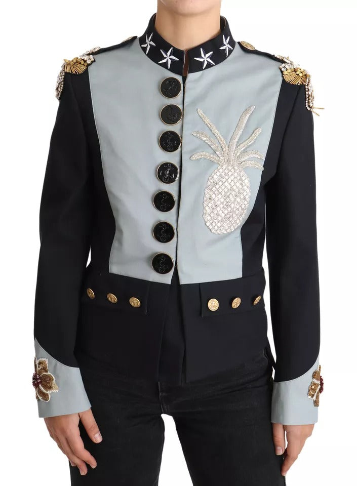 Dolce & Gabbana – Blaue Baumwolljacke mit Knöpfen und Kristallverzierung