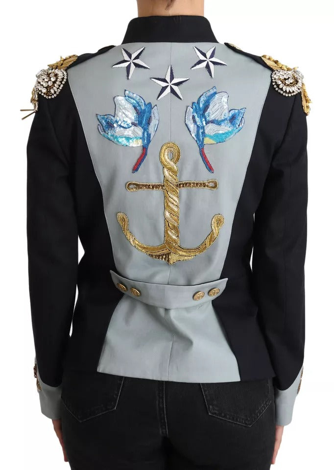 Dolce & Gabbana – Blaue Baumwolljacke mit Knöpfen und Kristallverzierung