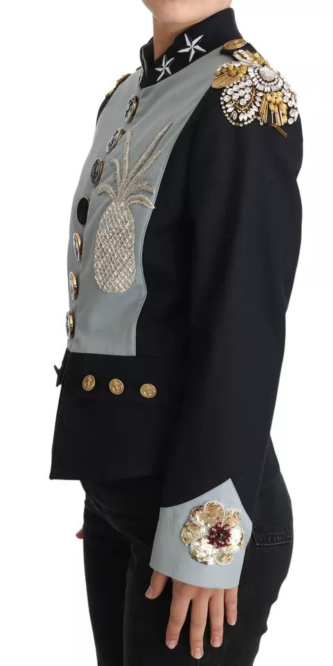 Dolce & Gabbana – Blaue Baumwolljacke mit Knöpfen und Kristallverzierung