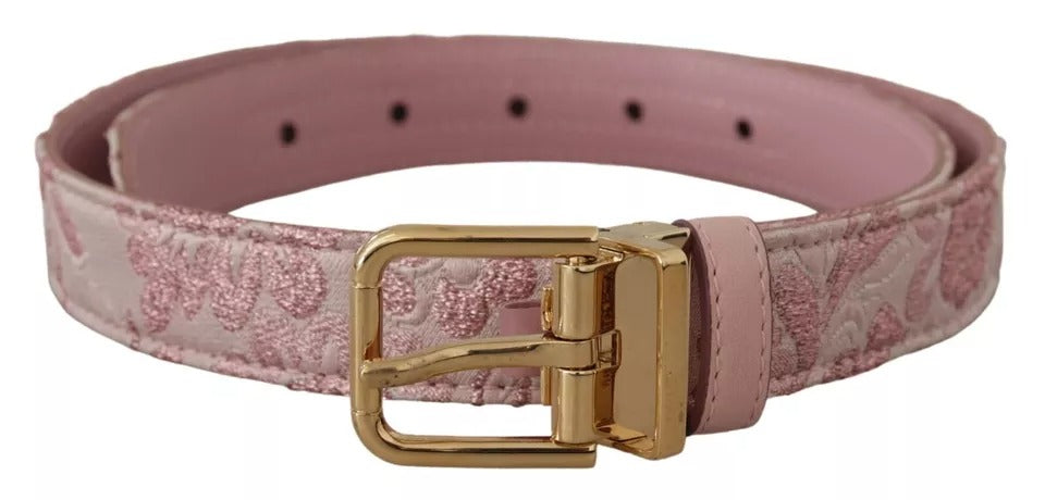 Dolce & Gabbana – Rosafarbener Jacquard-Gürtel mit goldfarbener Metallschnalle und Stickerei