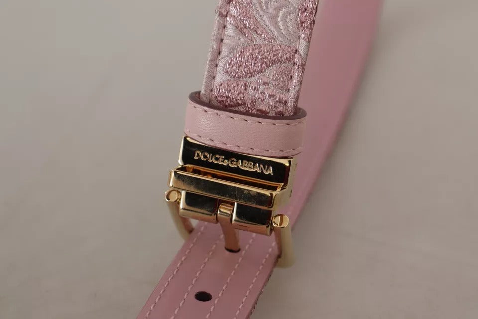 Dolce & Gabbana – Rosafarbener Jacquard-Gürtel mit goldfarbener Metallschnalle und Stickerei