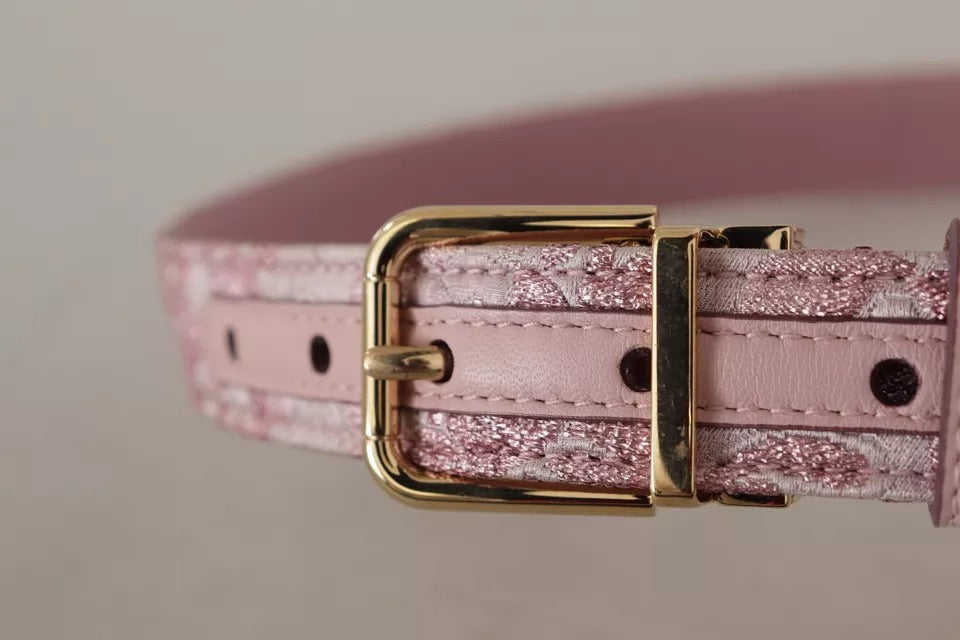 Dolce & Gabbana – Rosafarbener Jacquard-Gürtel mit goldfarbener Metallschnalle und Stickerei