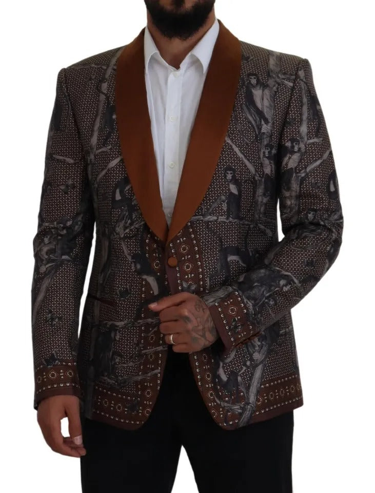 Dolce & Gabbana – Schmaler Blazer aus Seide mit Affen-Print in Bronze