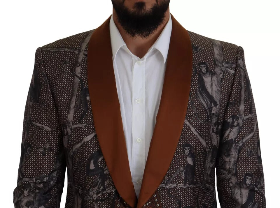 Dolce & Gabbana – Schmaler Blazer aus Seide mit Affen-Print in Bronze