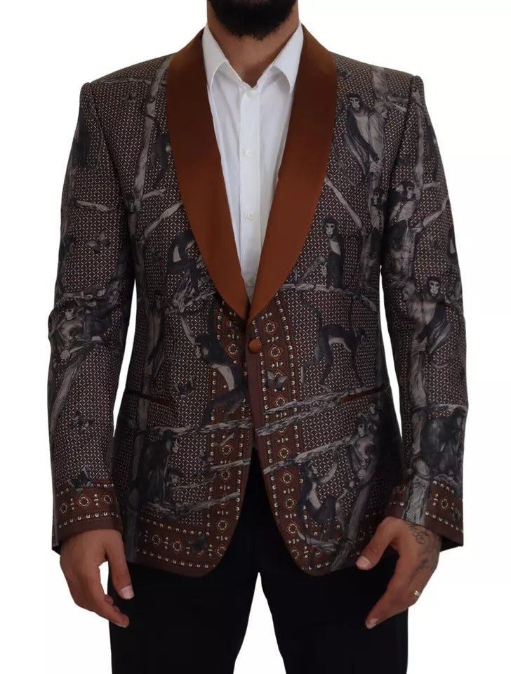 Dolce & Gabbana – Schmaler Blazer aus Seide mit Affen-Print in Bronze